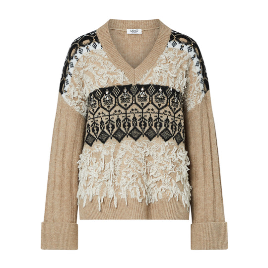 LIU-JO WHITE Maglia Jacquard con ricami gioiello - Beige/Multicolor