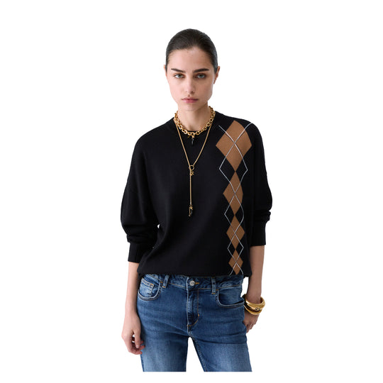 LIU-JO WHITE Maglia con intarsio geometrico - Nero/Beige