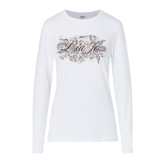 LIU-JO WHITE T-shirt Donna Maniche Lunghe skinny fit con logo - Bianco