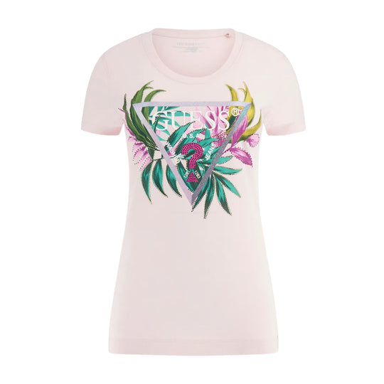 T-shirt Donna Guess Slim Logo Triangolare Rosa