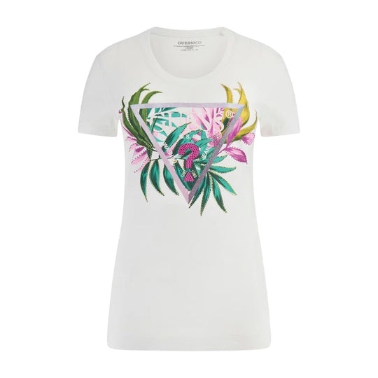 T-shirt Donna Guess Slim Logo Triangolare Bianco