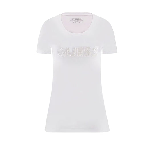 T-shirt Donna Guess Logo Paillettes Bianco