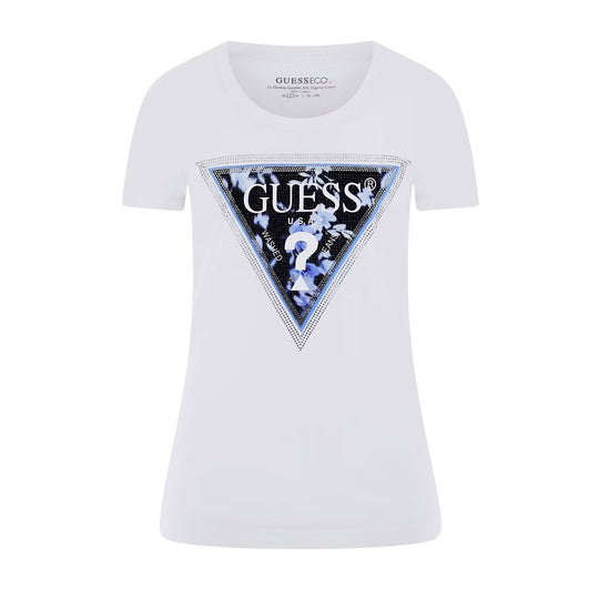 T-shirt Donna Guess Logo Triangolo Bianco